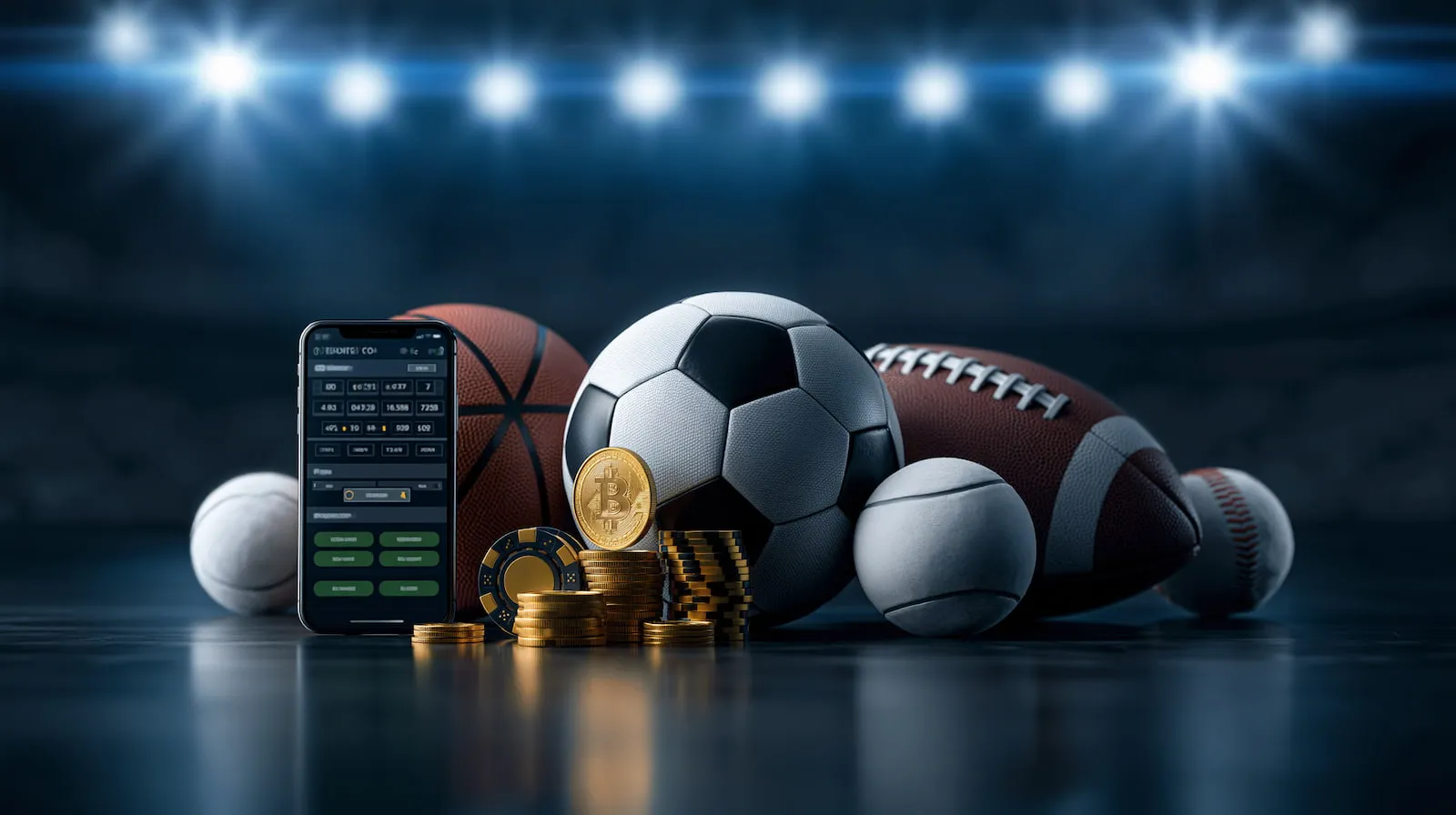 Sports equipment around a phone showing a Harif Sport betting interface