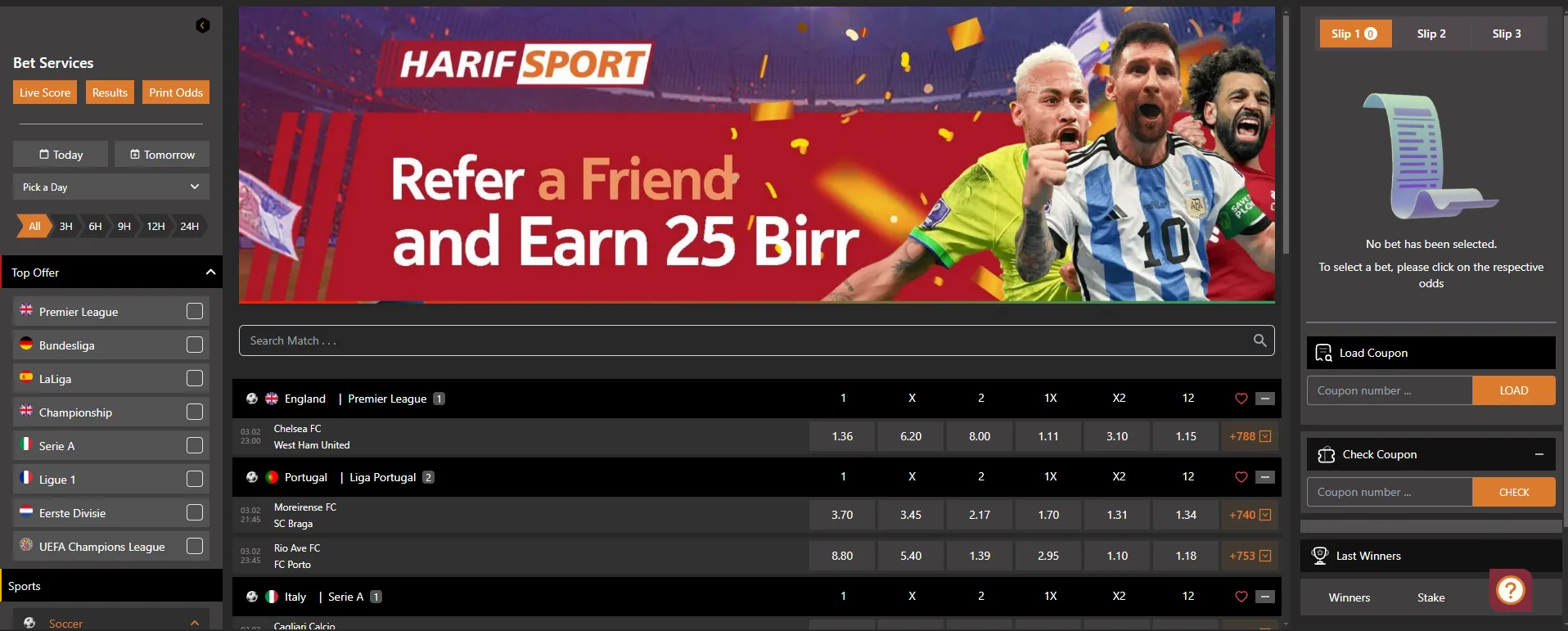 Harif Sport sportsbook layout with live football odds and a bet slip