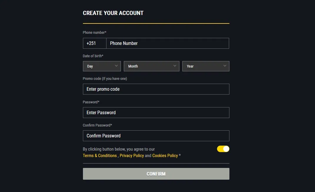 Harif Sport create your account form with phone number, date of birth and password fields